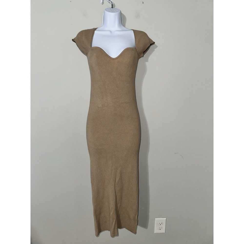 JLUXLABEL Tan Ribbed Knit‎ Midi Dress | Sweetheart Neck Cap Sleeve Size L